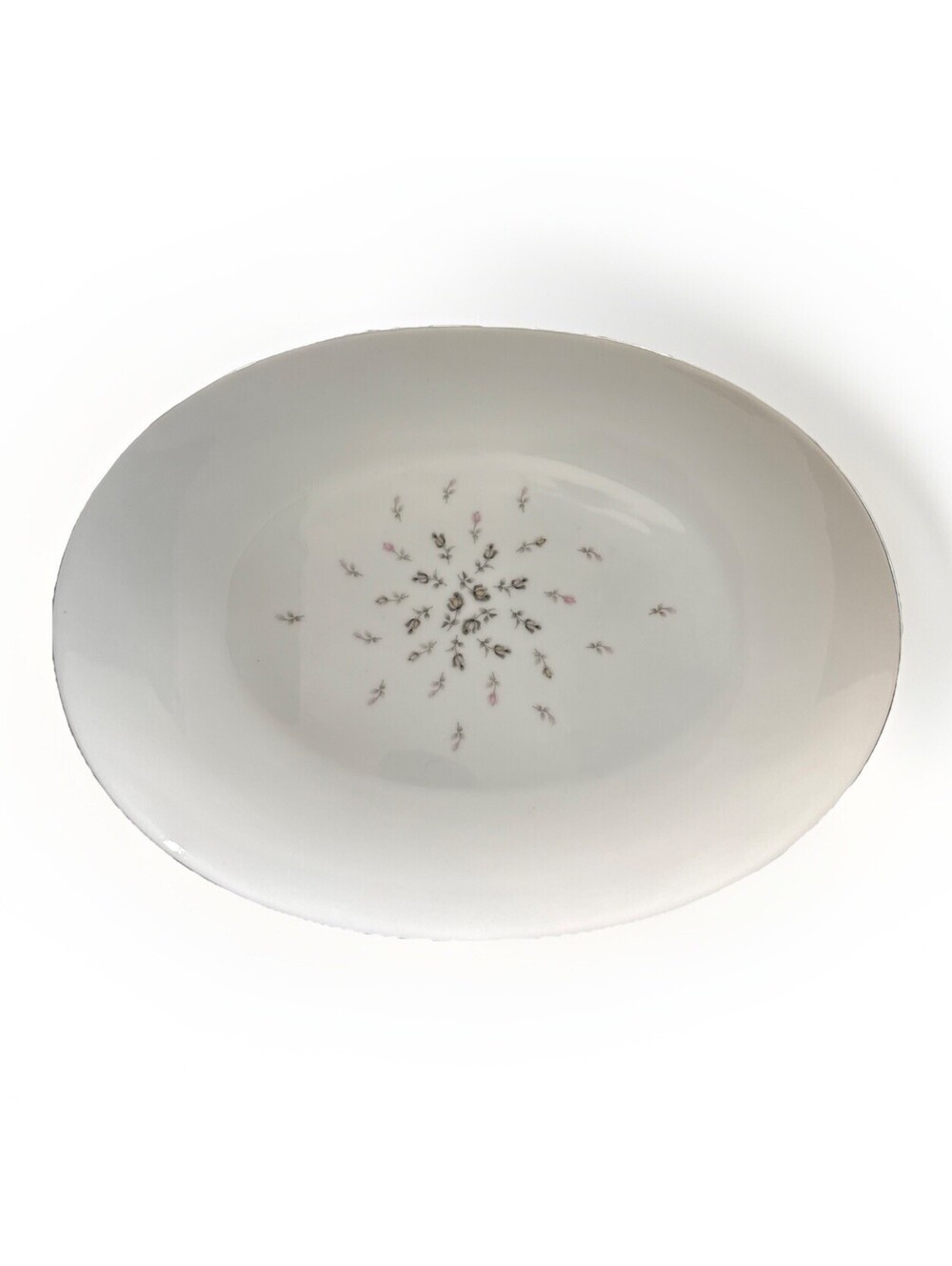 Petite Bouquet By Japan 9x6.5” Oval Platter W/Petit Pink Flowers & Silver Trim